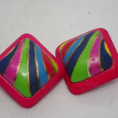 Mod Hand Painted Clip Earrings, Wood, light weight