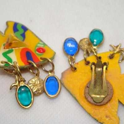 Brilliant Colorful Clip Angel Fish Dangle Earrings, Signed Maui 