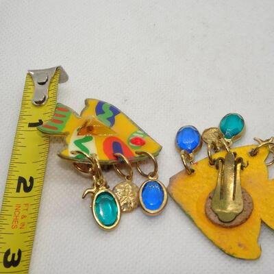 Brilliant Colorful Clip Angel Fish Dangle Earrings, Signed Maui 