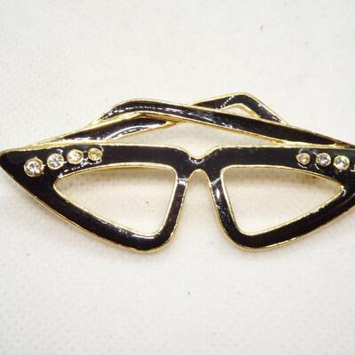 Vintage Cat Eye Glasses Brooch Pin Black Enamel Gold Tone, Rhinestone