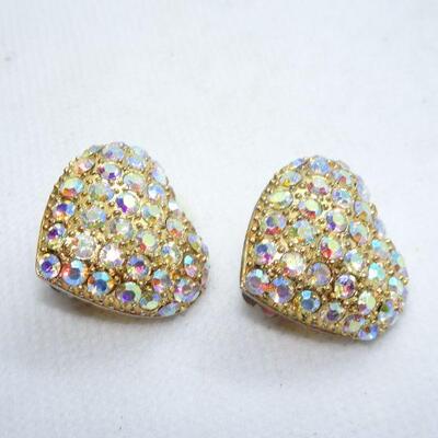 Opalescent Heart Rhinestone Gold Tone Clip Earrings 