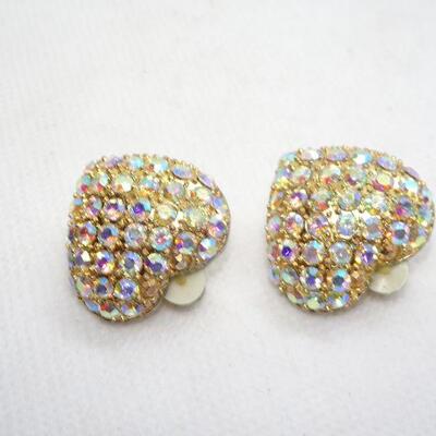 Opalescent Heart Rhinestone Gold Tone Clip Earrings 