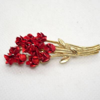 Red Rose Gold Tone Brooch 