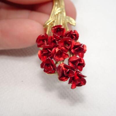 Red Rose Gold Tone Brooch 