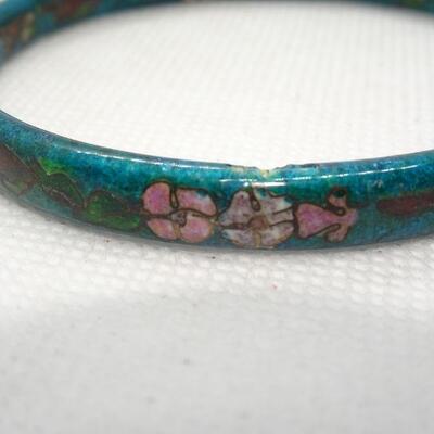 Teal Green Cloisonné  Floral Bangle Bracelet 