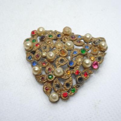 Art Nuevo Rhinestone & Pearl Brooch Pin, Triangle Design