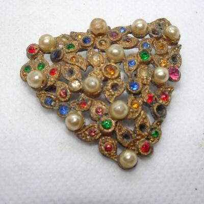 Art Nuevo Rhinestone & Pearl Brooch Pin, Triangle Design