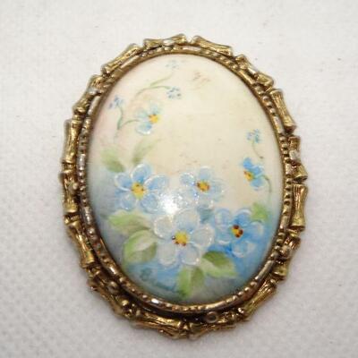 Hand Painted Porcelain Floral Brooch, Oval, Blue Flowers 