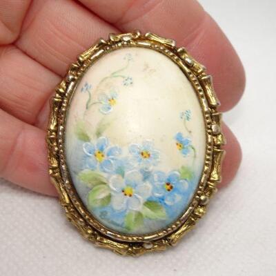 Hand Painted Porcelain Floral Brooch, Oval, Blue Flowers 
