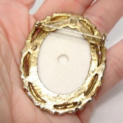 Hand Painted Porcelain Floral Brooch, Oval, Blue Flowers 