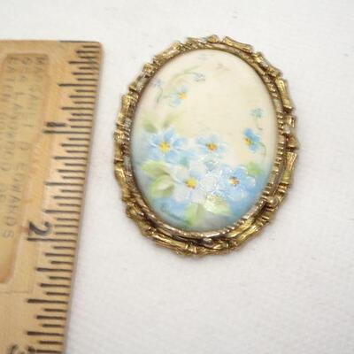 Hand Painted Porcelain Floral Brooch, Oval, Blue Flowers 