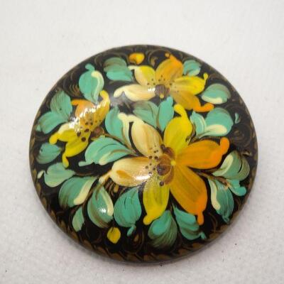 Gorgeous Yellow Flowered Russian Hand Painted Brooch 