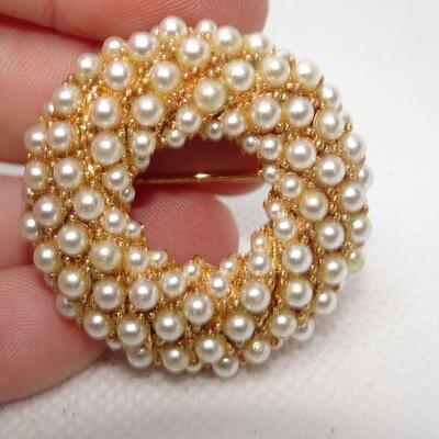 Well Made Gold Tone Seed Pearl Donut Shape Brooch, Elegant! 