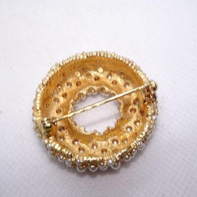 Well Made Gold Tone Seed Pearl Donut Shape Brooch, Elegant! 