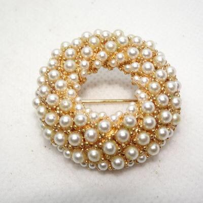 Well Made Gold Tone Seed Pearl Donut Shape Brooch, Elegant! 