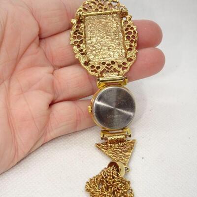 1980's Art Deco Style Geneva Collar Brooch Watch, Enamel & Gold Tone, Fringe 