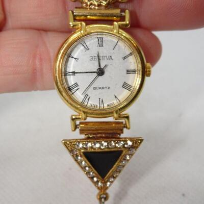 1980's Art Deco Style Geneva Collar Brooch Watch, Enamel & Gold Tone, Fringe 