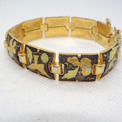 Engraved Gold Tone Link Cuff Bracelet