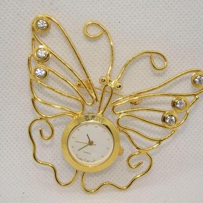 Golden Butterfly Quart Watch Brooch, Rhinestone 