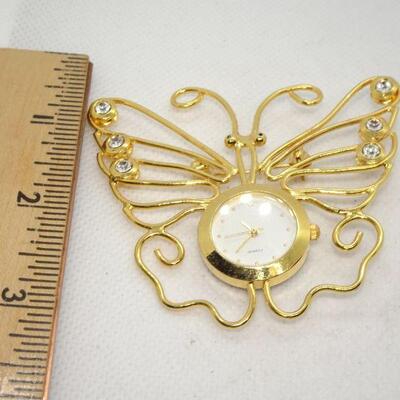 Golden Butterfly Quart Watch Brooch, Rhinestone 