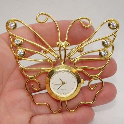 Golden Butterfly Quart Watch Brooch, Rhinestone 