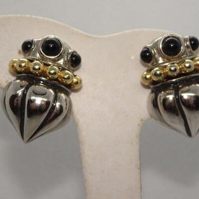 Silver & Gold Tone Black Onyx Clip Earrings