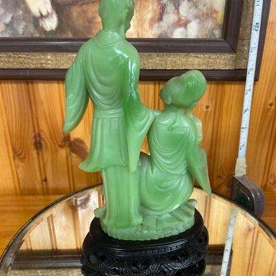 Carved Green Asian husband & with statue on carved wooden stand