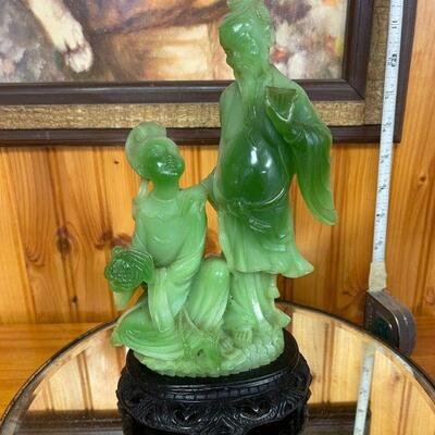 Carved Green Asian husband & with statue on carved wooden stand