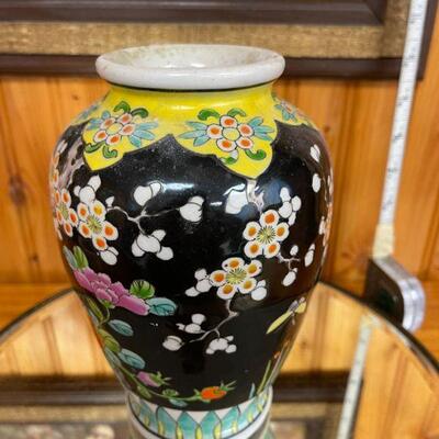 Asian ceramic vase / hand painted floral & birds 
