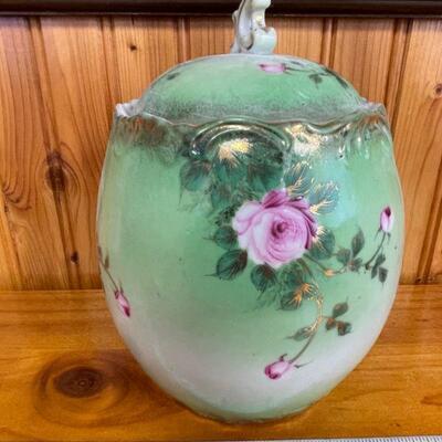 Antique floral biscuit jar & lid / Hand painted / Germany 
