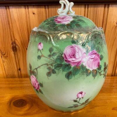 Antique floral biscuit jar & lid / Hand painted / Germany 