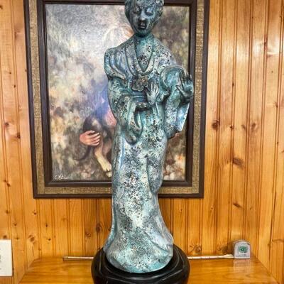 Large Geisha Girl Statue on carved wooden base