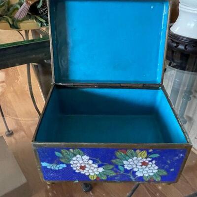 Blue floral brass & enameled trinket box 