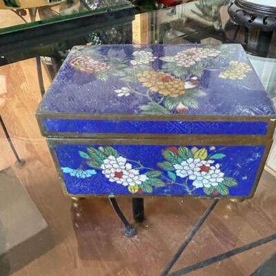 Blue floral brass & enameled trinket box 