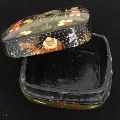 Vintage Hand Painted Black Enamel Style Ring Box 2” x 3”