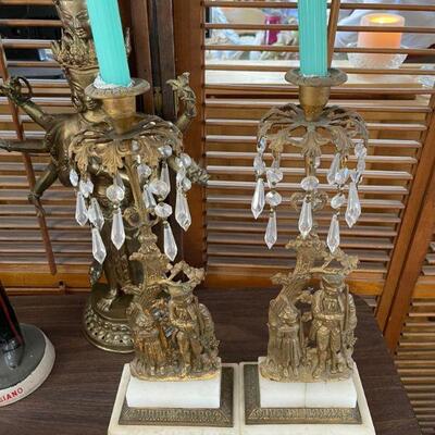 Ornate Brass, marble & crystal candle sticks / Colonial 