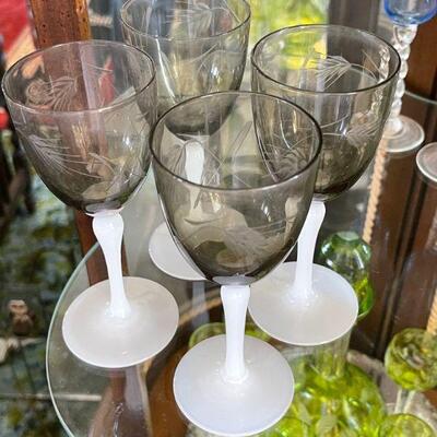 Frosted stem set of 4 etched cup wine glasses 