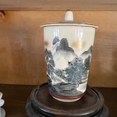 Mustard cup with hand painted mountain scene 