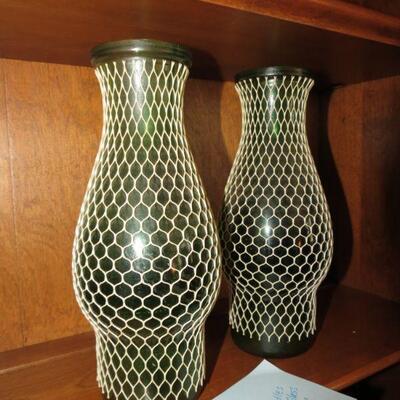 Two Vintage Green Glass Candles with Netting  9 1/2 inches tall - Item # 23
