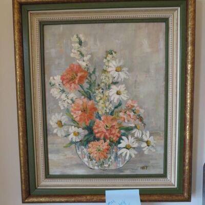 Framed Painting Daisies Flowers Orange Vase signed 18 x 15 - Item # 32