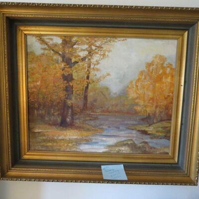 Framed Painting Autumn Trees Forest Woods Stream Creak by Carol Key Dated 1970 Size 26 x 22 - Item # 42