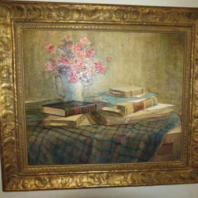 Framed Painting Books Flowers Pink Table 31 x 27 inches - Item # 98