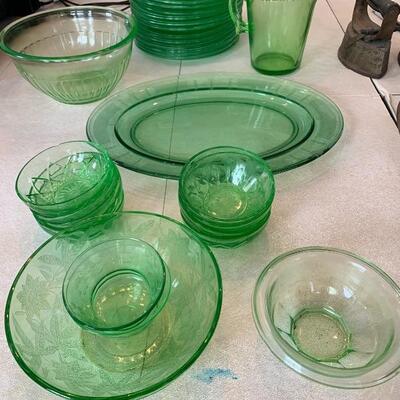 Large Set of Antique Green Depression Glass