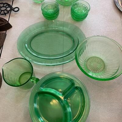 Large Set of Antique Green Depression Glass