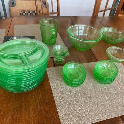 Large Set of Antique Green Depression Glass