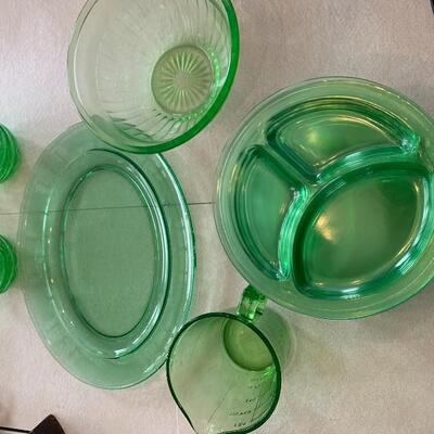Large Set of Antique Green Depression Glass