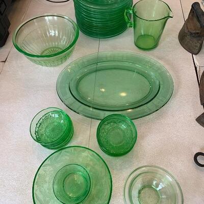 Large Set of Antique Green Depression Glass