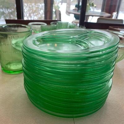 Large Set of Antique Green Depression Glass