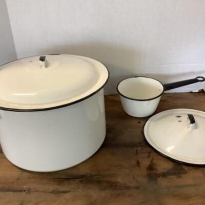 294 Vintage White Enamelware Kettle and Saucepan 