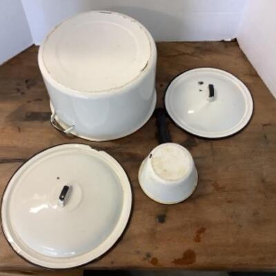 294 Vintage White Enamelware Kettle and Saucepan 